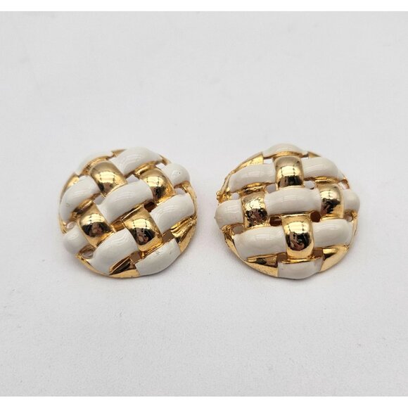 Jewelry - Vintage 1990s Gold Tone White Enamel Basket Weave Button Clip Earrings
